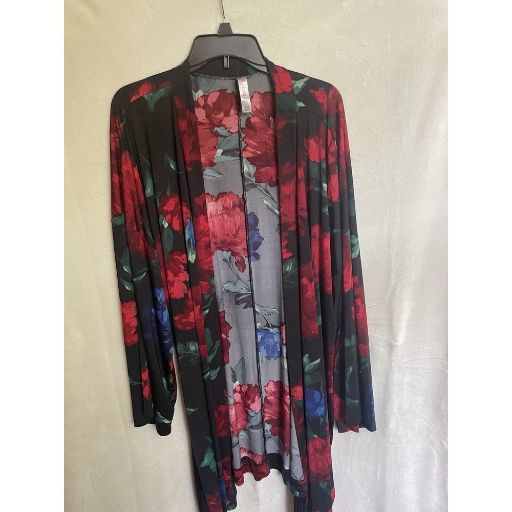 Cacique Robe Tie Waist Black & Red Floral Ladies Size 22/24 Kimono Sleeves